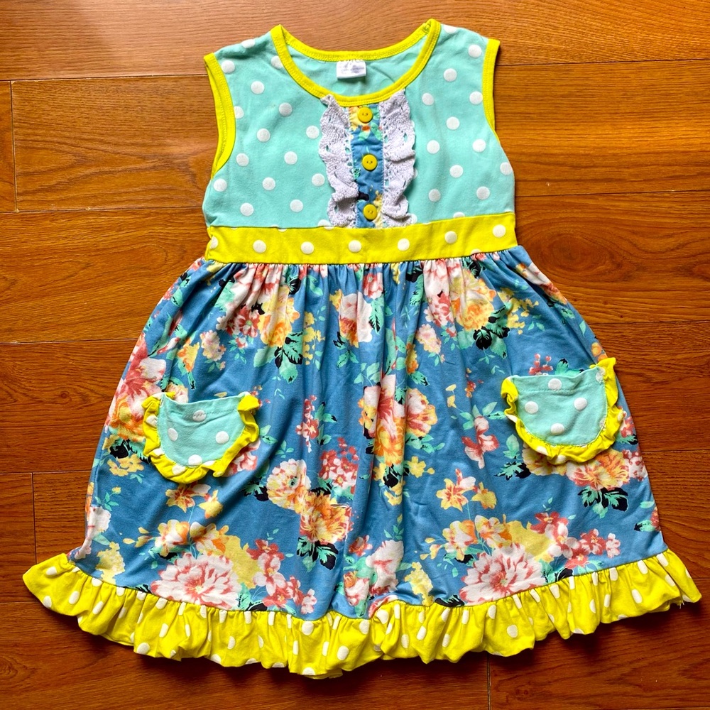 Girls Boutique Blue/Yellow Tank Dress w/ Lace and Polka Dots Size 7/8 - Like New